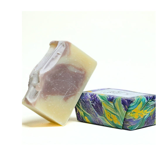 Blooming Wild Summer Nights Soap bar with lavender and patchouli, crafted to calm the senses and nourish skin with shea butter and natural plant oils.