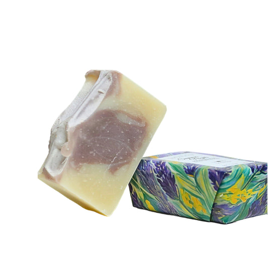 Blooming Wild Summer Nights Soap bar with lavender and patchouli, crafted to calm the senses and nourish skin with shea butter and natural plant oils.