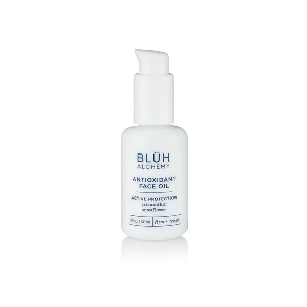 BLUH ALCHEMY Face Oil 30ml white glass bottle with a pump with Kakadu Plum and Snowflower for nourished, radiant skin. With white background