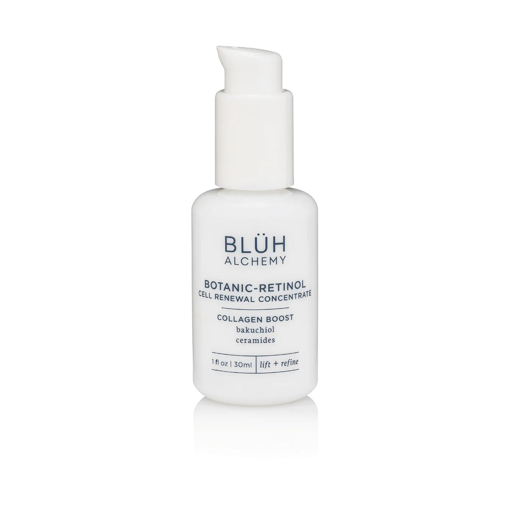 BLUH ALCHEMY Botanic-Retinol Concentrate 30ml white glass bottle with Bakuchiol and botanical extracts, on white background