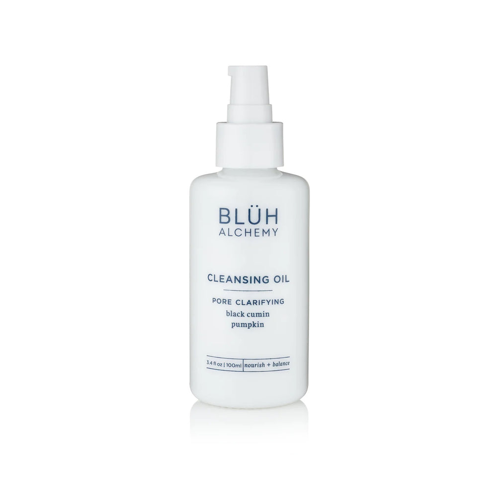 BLUH ALCHEMY Cleansing Oil in 100 ml white glass bottle with a white pump on white background