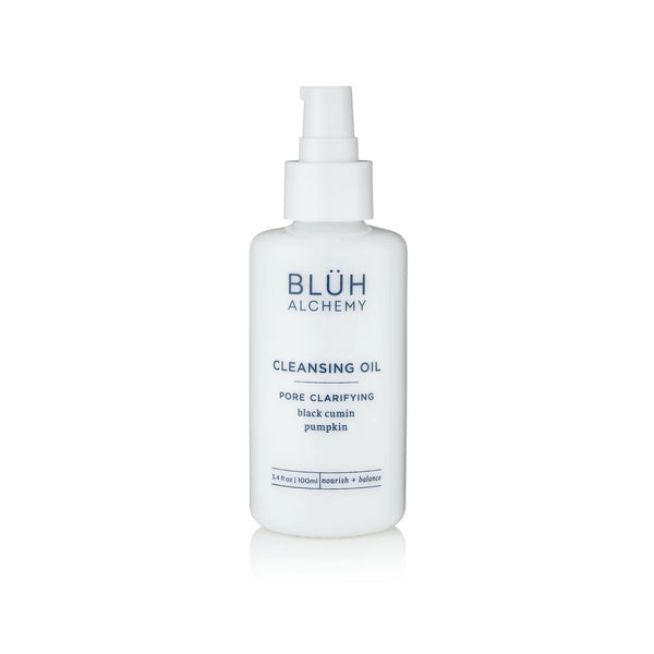 BLUH ALCHEMY Cleansing Oil in 100 ml white glass bottle with a white pump on white background