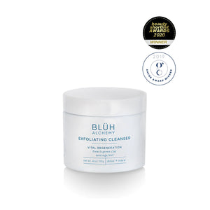 BLUH ALCHEMY Exfoliating Cleanser in 113g white glass jar with antioxidant-rich botanicals on white background