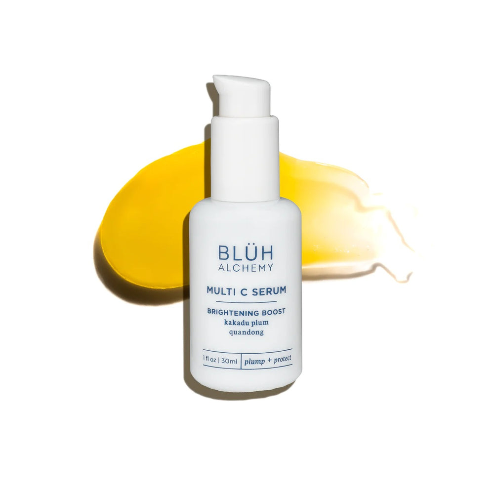 BLUH ALCHEMY Multi C Serum 30ml white glass bottle with peptides and Kakadu Plum Vitamin C on white background