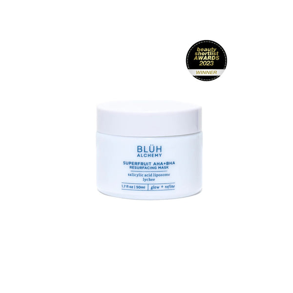 BLUH ALCHEMY Superfruit AHA+BHA Resurfacing Mask in 50ml white glass jar with white lid on white background