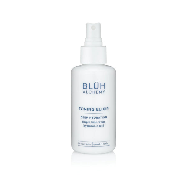 BLUH ALCHEMY Toning Elixir in 100ml white glass bottle with botanicals and hyaluronic acid.