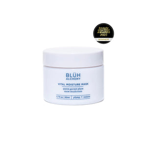 BLUH ALCHEMY Vital Moisture Mask in 50ml white glass jar with hydrating fruit oils and botanical extracts on white background