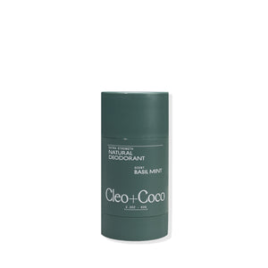 Green deodorant stick with 'Cleo + Coco' branding on a white background