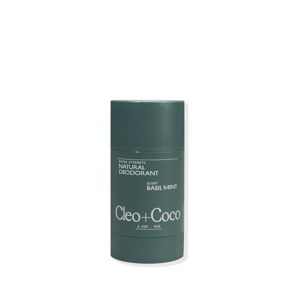 Green deodorant stick with 'Cleo + Coco' branding on a white background
