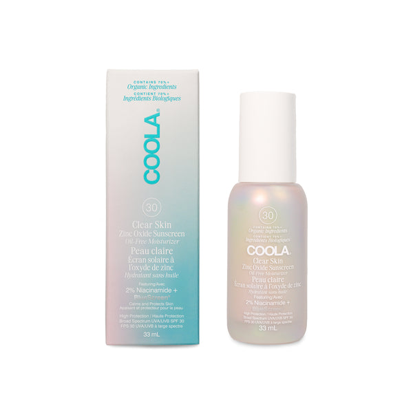 Bottle of COOLA Clear Skin Oil-Free Moisturizer SPF 30 with minimalist design, ideal for sensitive and blemish-prone skin.