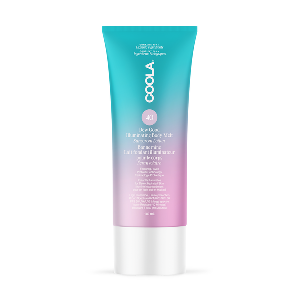 COOLA Dew Good Illuminating Body Melt Lotion – SPF 40 body moisturizer in a tube, designed to hydrate and enhance skin’s natural glow.
