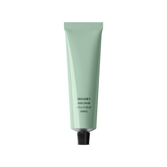 CORPUS Aromatic Hand Cream Amalgam 5 in a recycled aluminum tube with FSC-certified box, featuring notes of lemon, cypress, bergamot, vetiver, and cedar.