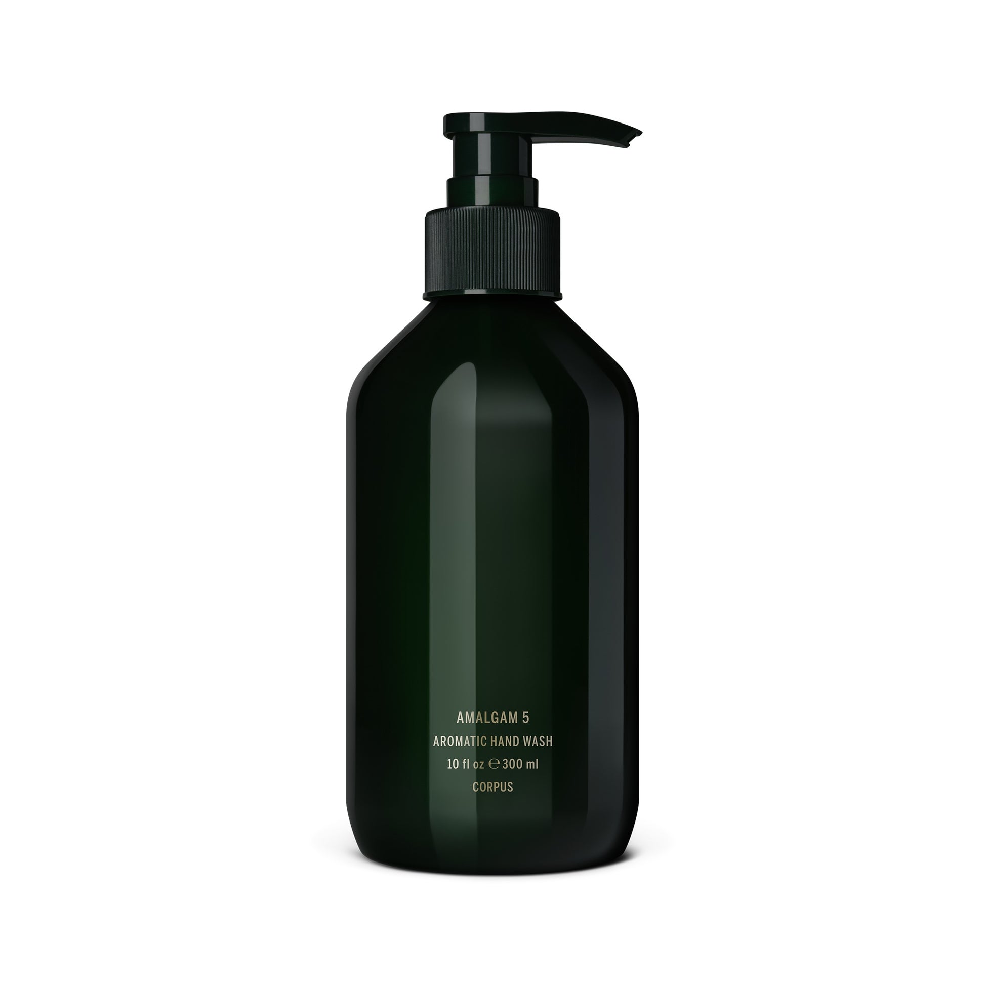 CORPUS Aromatic Hand Wash Amalgam 5 in a sleek recycled plastic bottle with FSC-certified packaging, scented with lemon, bergamot, vetiver, cypress, and cedar.