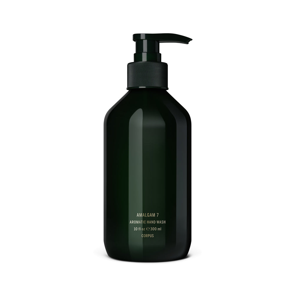 CORPUS Aromatic Hand Wash Amalgam 7 in a recycled plastic bottle with FSC-certified packaging, scented with pink peppercorn, cedar, patchouli, fennel, and bergamot.