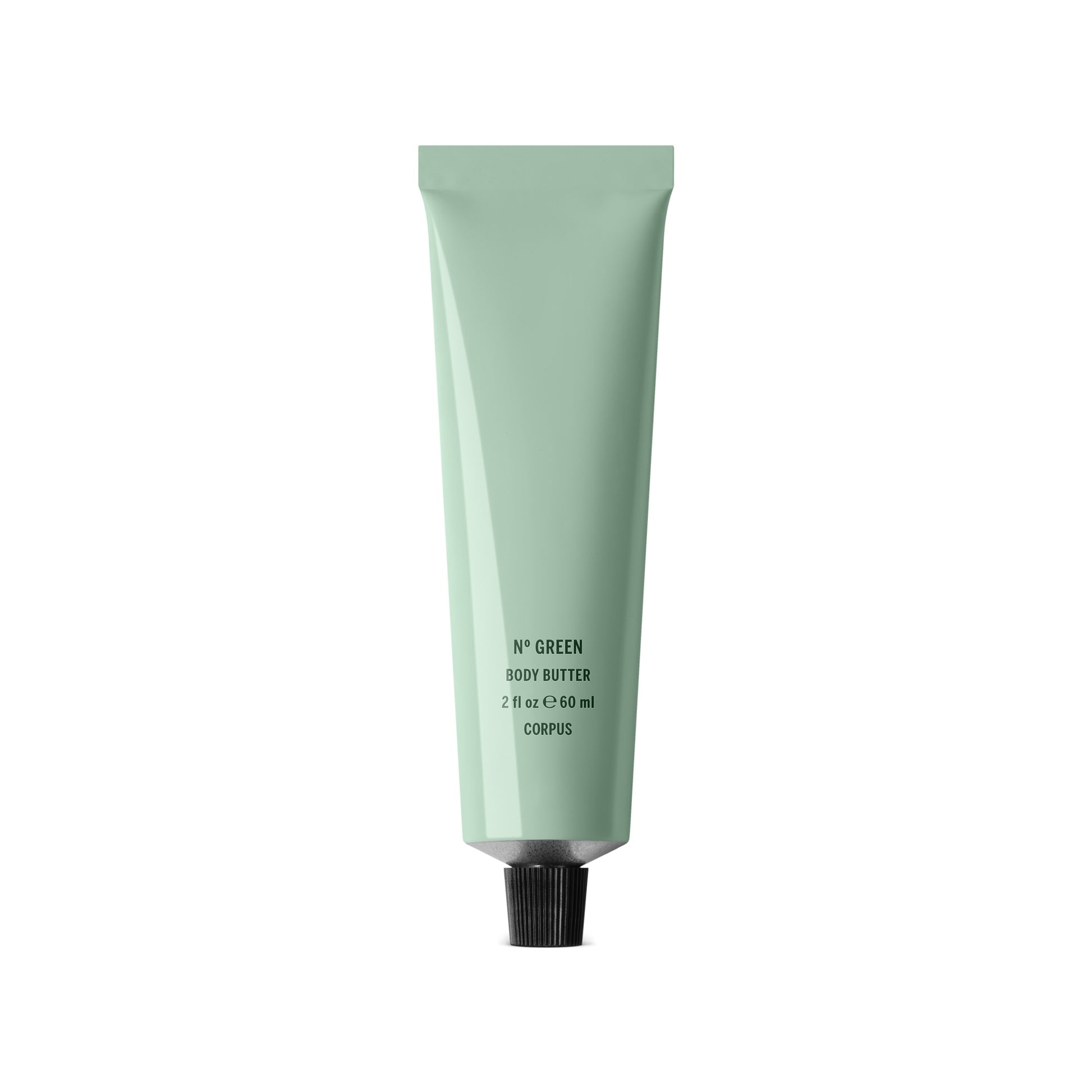 CORPUS Body Butter Nº Green Mini in a recyclable aluminum tube with FSC-certified packaging, enriched with citrus and spice notes of bergamot, pink lemon, orange blossom, and cardamom.