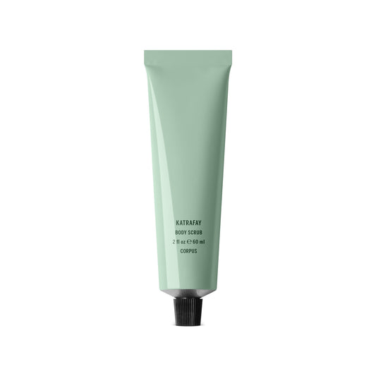 CORPUS Body Scrub Katrafay Mini in a recyclable aluminum tube with FSC-certified box, enriched with Katrafay, cedar, amyris, and orange essential oils.