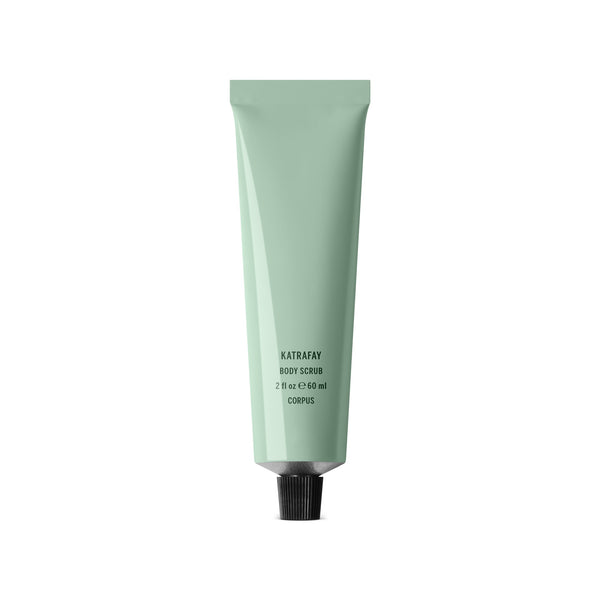 CORPUS Body Scrub Katrafay Mini in a recyclable aluminum tube with FSC-certified box, enriched with Katrafay, cedar, amyris, and orange essential oils.