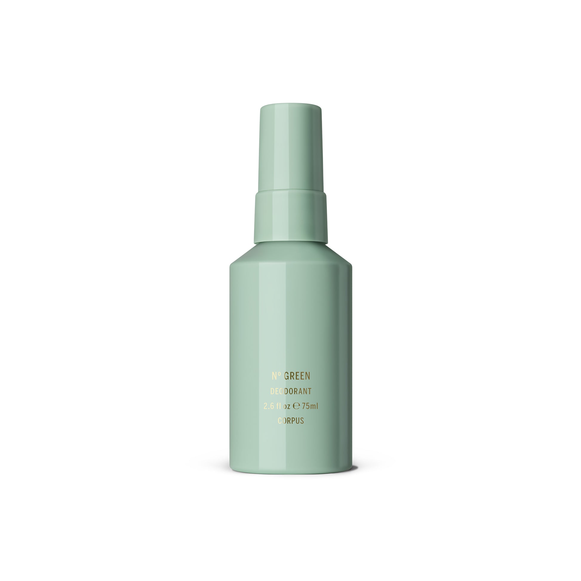 CORPUS Deodorant Spray Nº Green - natural deodorant with notes of bergamot, pink lemon, orange blossom, and cardamom in a non-aerosol fine mist spray. Vegan, aluminum-free, and ideal for sensitive skin.