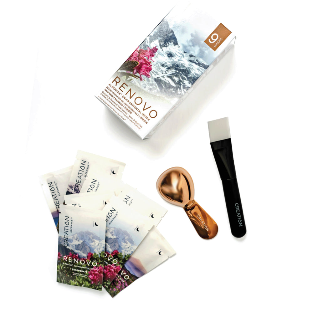CREATION RENOVO Alpenage™ Mask Kit with nine single-use sachets, application brush, and copper spoon, designed to detoxify, rejuvenate, and enhance skin radiance with alpine botanical ingredients.