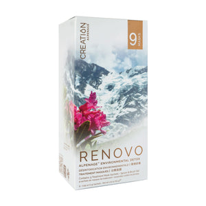 CREATION RENOVO Alpenage™ Mask Kit with nine single-use sachets, application brush, and copper spoon, designed to detoxify, rejuvenate, and enhance skin radiance with alpine botanical ingredients.