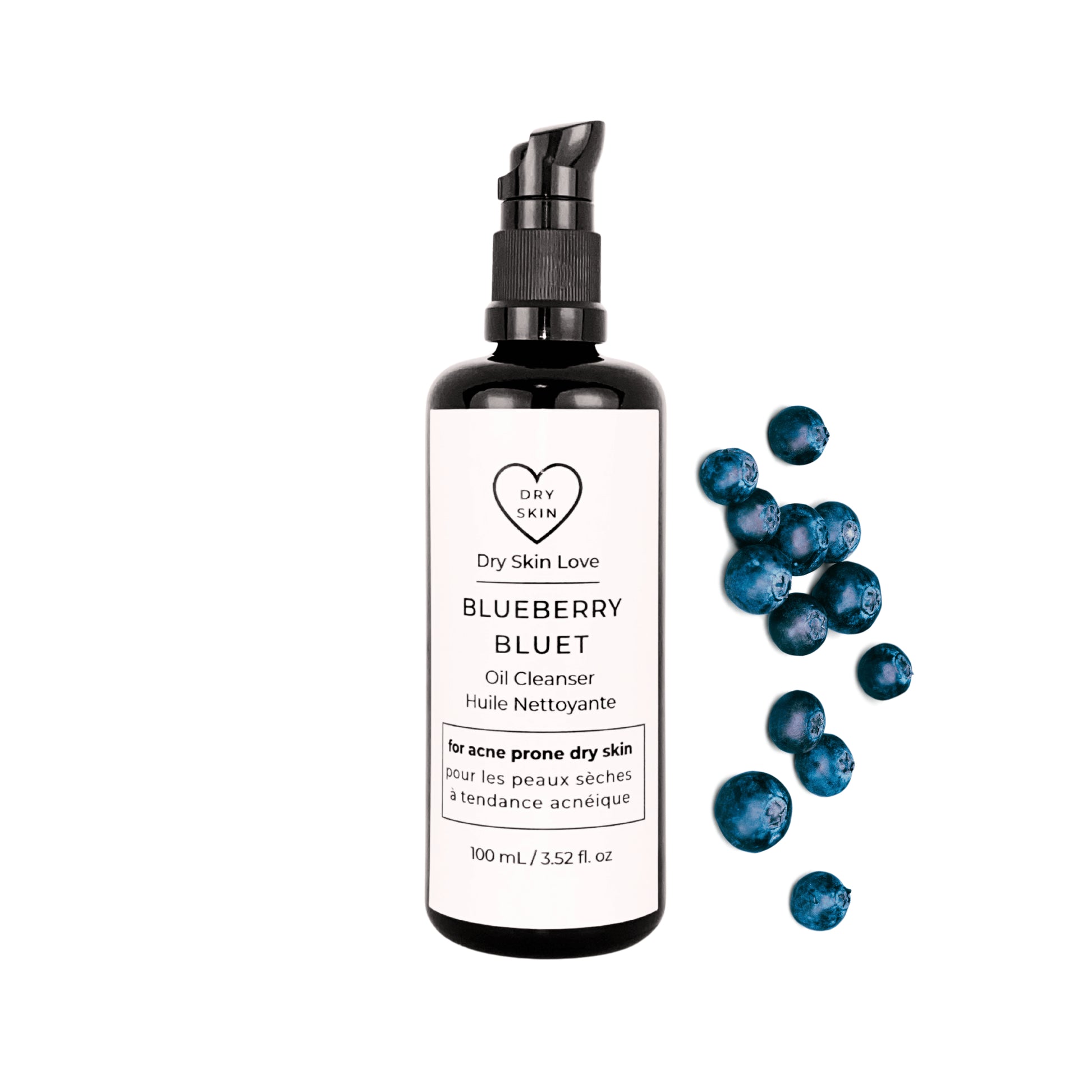 Dry Skin Love Blueberry Oil Cleanser in black glass 100ml bottle with black pump and white label for dry skin, featuring nutrient-rich plant oils, gentle cleansing, and hydration.