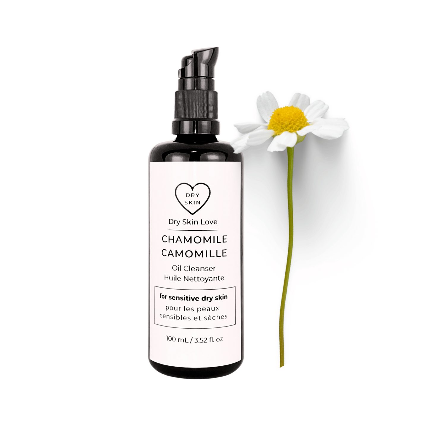 Dry Skin Love Chamomile Oil Cleanser for dry sensitive skin, featuring organic blue chamomile CO2 extract and plant oils. In black glass bottle with white label and black pump