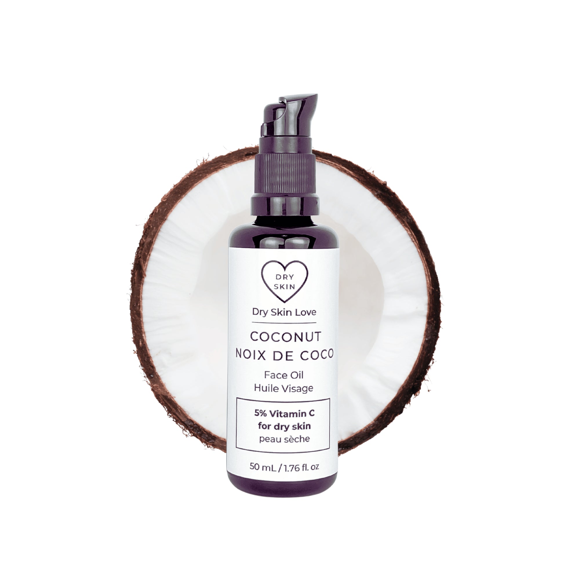 Dry Skin Love Coconut 5% Vitamin C Face Oil for sensitive skin in a 50ml black glass bottle with white label and black pump, featuring organic coconut oil, apple seed oil, and chamomile extract.