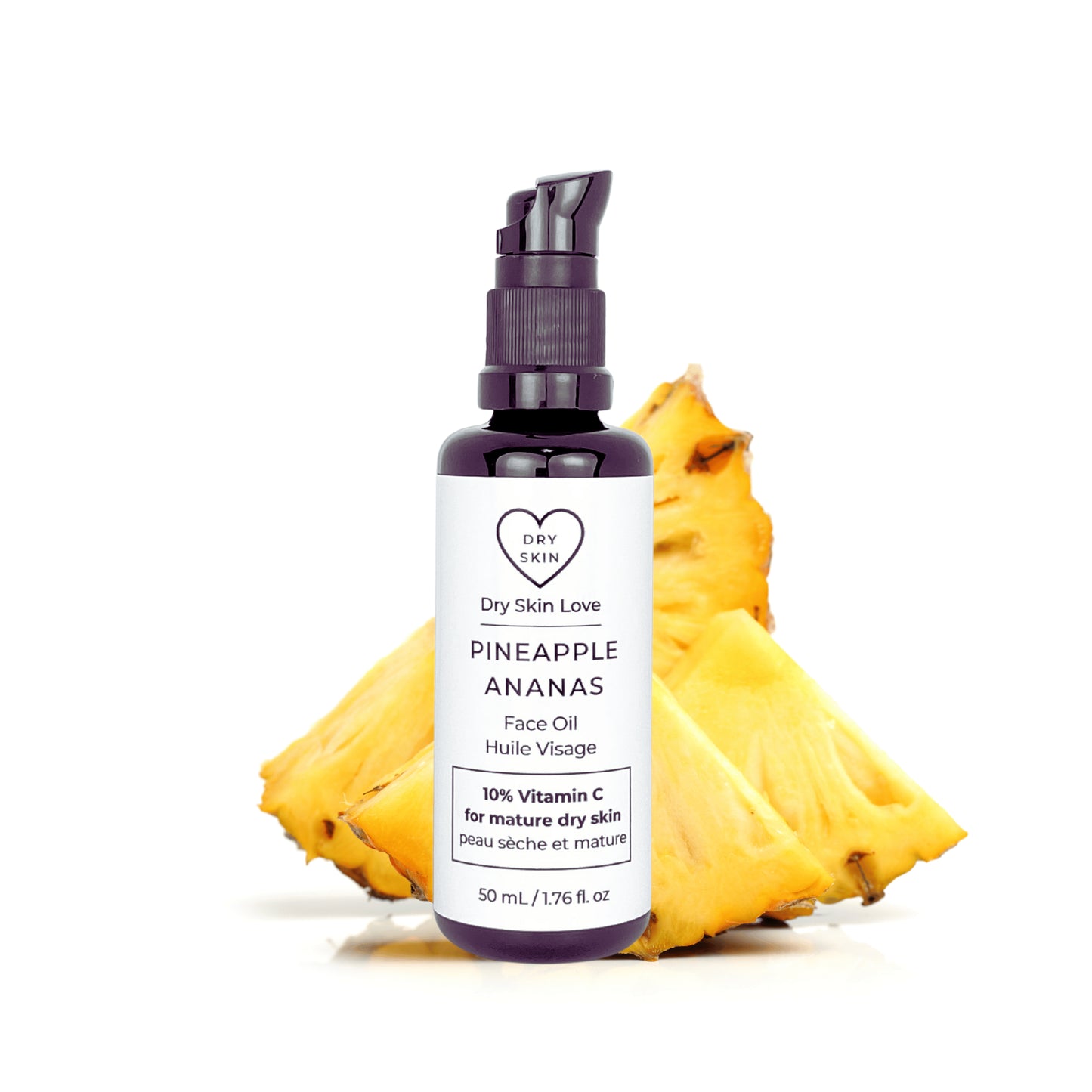 Dry Skin Love Pineapple 10% Vitamin C Face Oil for mature dry skin, featuring cold-pressed pineapple seed oil and gentle vitamin C ester, in 50ml black glass bottle.