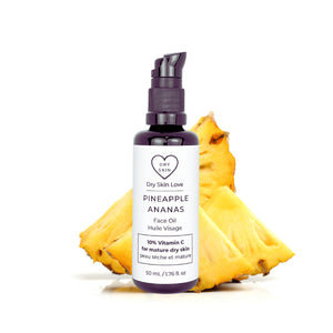 Dry Skin Love Pineapple 10% Vitamin C Face Oil for mature dry skin, featuring cold-pressed pineapple seed oil and gentle vitamin C ester, in 50ml black glass bottle.