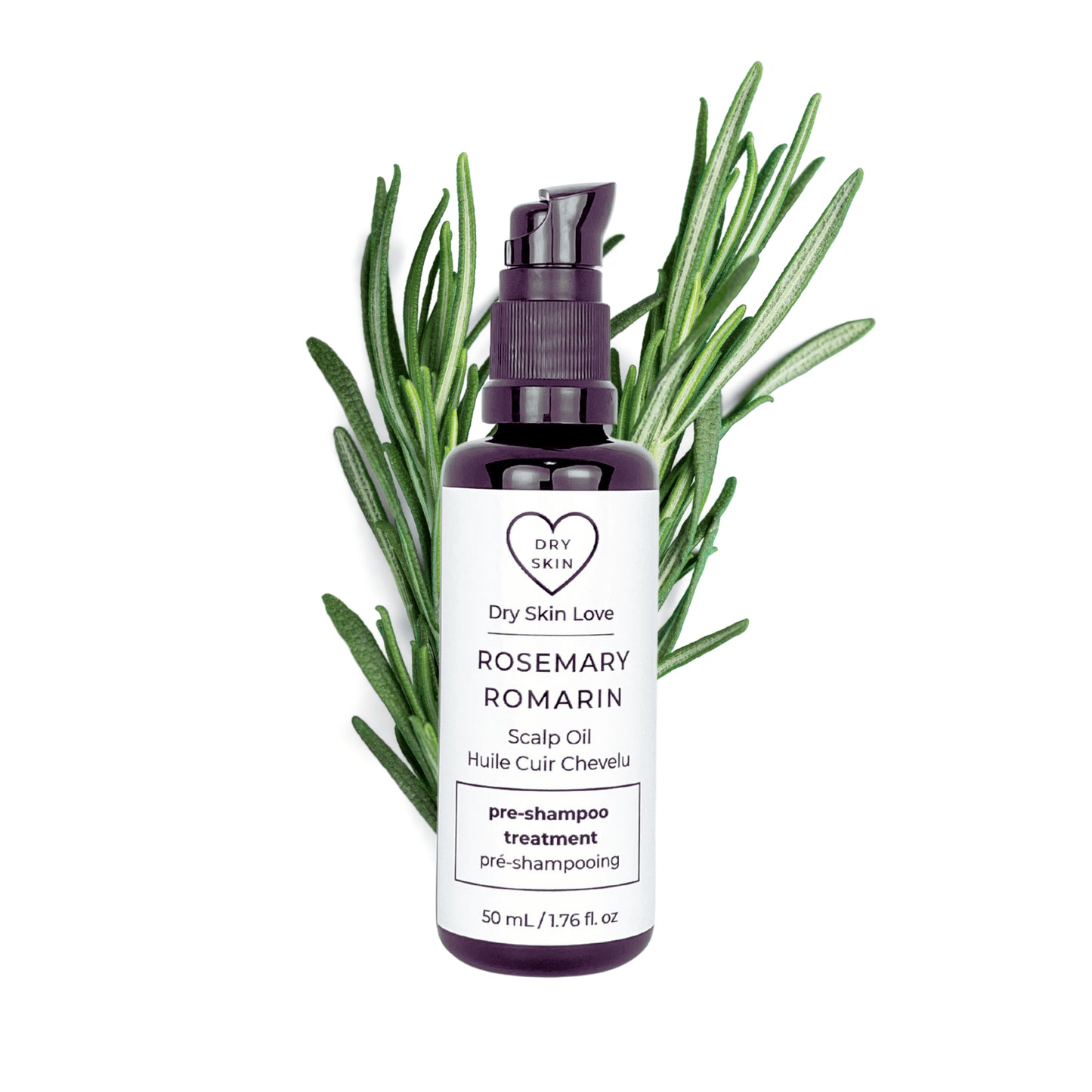 Dry Skin Love Rosemary Pre-Shampoo Scalp Oil black glass 50ml bottle with white label and black pump, nourishing oil for dry scalp and hair with rosemary extract and essential oil.