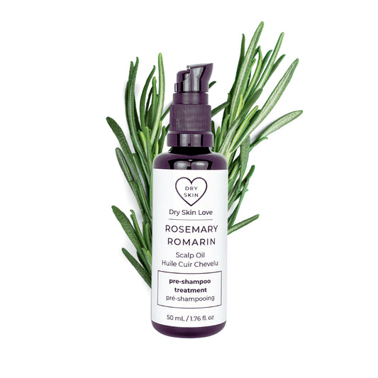 Dry Skin Love Rosemary Pre-Shampoo Scalp Oil black glass 50ml bottle with white label and black pump, nourishing oil for dry scalp and hair with rosemary extract and essential oil.