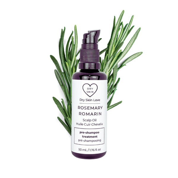 Dry Skin Love Rosemary Pre-Shampoo Scalp Oil black glass 50ml bottle with white label and black pump, nourishing oil for dry scalp and hair with rosemary extract and essential oil.