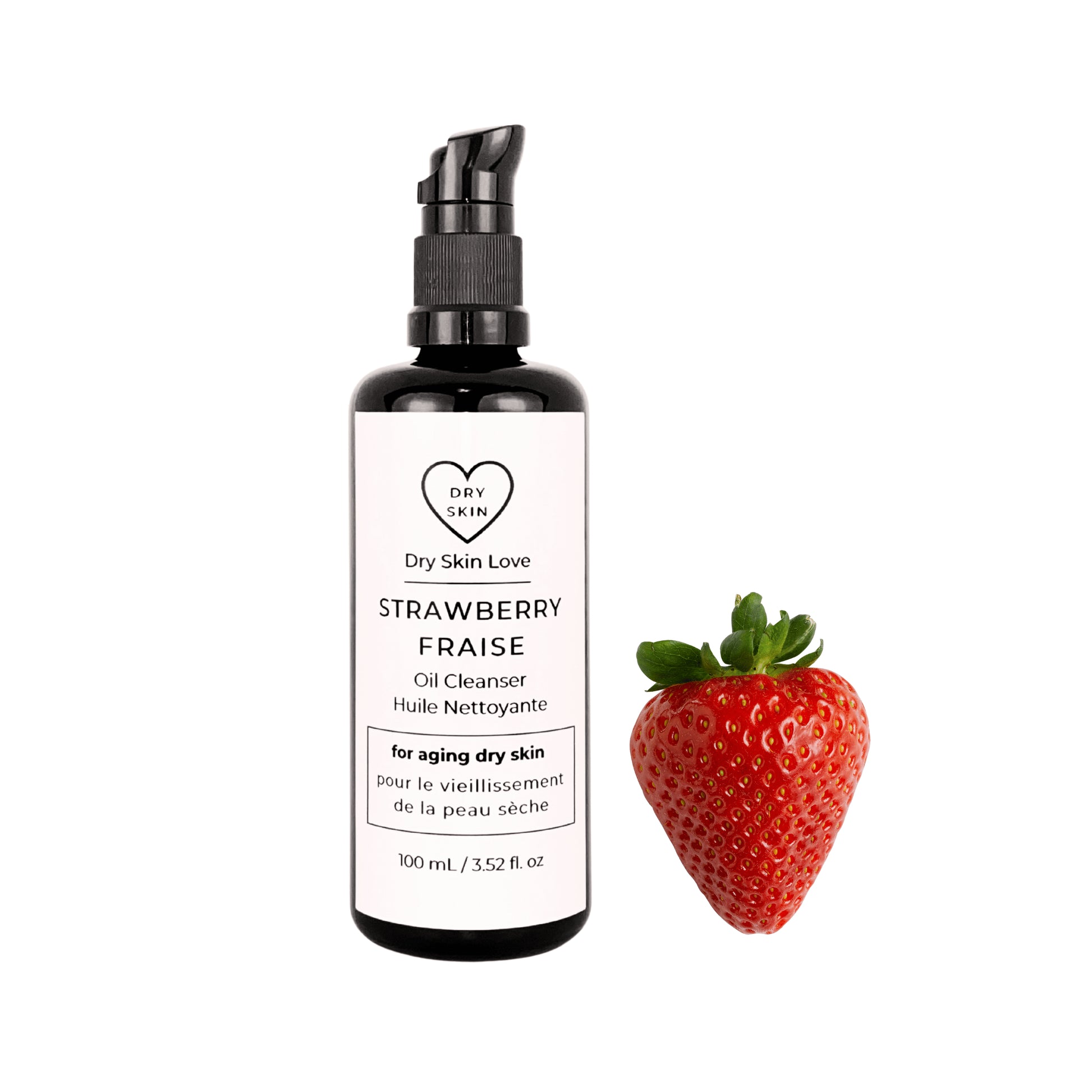 Dry Skin Love Strawberry Oil Cleanser for mature dry skin in a black glass 100ml bottle with white label and black pump, featuring strawberry seed oil, rice bran oil, and annatto oil.