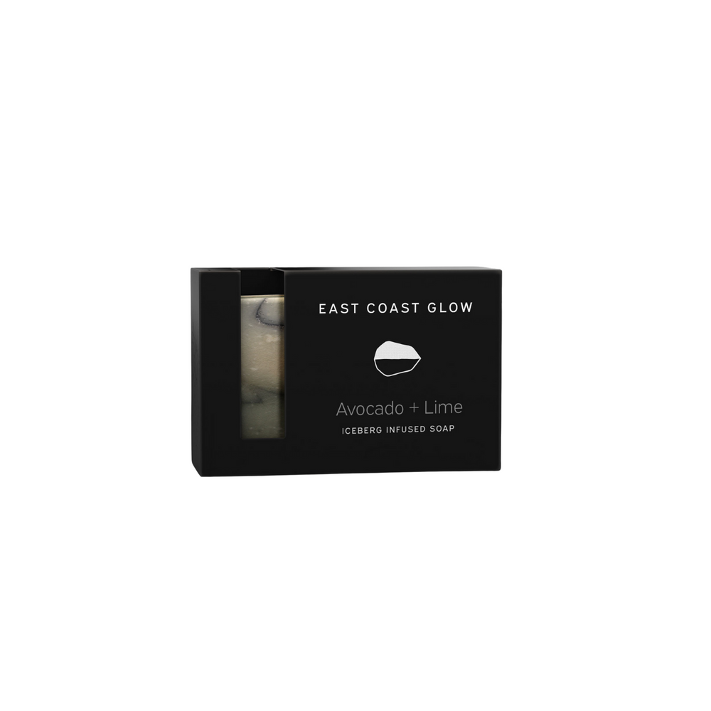 East Coast Glow Avocado + Lime Iceberg Infused Soap bar with avocado oil, lime essential oil, and French green clay for moisturizing and refreshing skin cleanse.