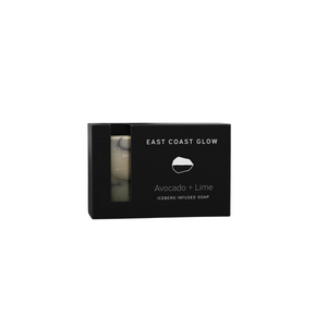 East Coast Glow Avocado + Lime Iceberg Infused Soap bar with avocado oil, lime essential oil, and French green clay for moisturizing and refreshing skin cleanse.