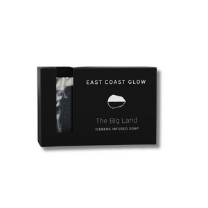 East Coast Glow The Big Land Iceberg Infused Soap with activated charcoal, wild seaweed, and peppermint for a refreshing cleanse.