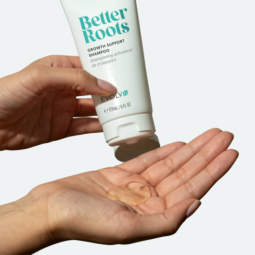 EVOLVH Better Roots Growth Support Shampoo, 177 ml bottle, designed for scalp care and promoting the appearance of thicker, stronger, and healthier hair.