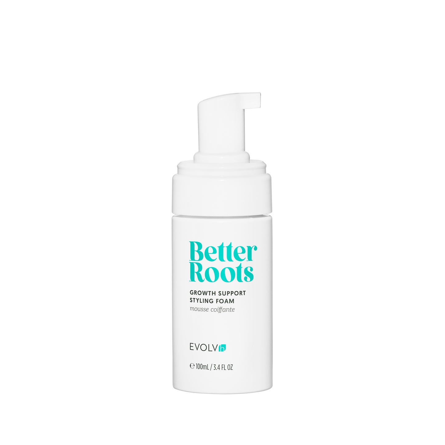 Evolvh Better Roots Growth Support Styling Foam for all hair types, providing volume, frizz control, and protection.