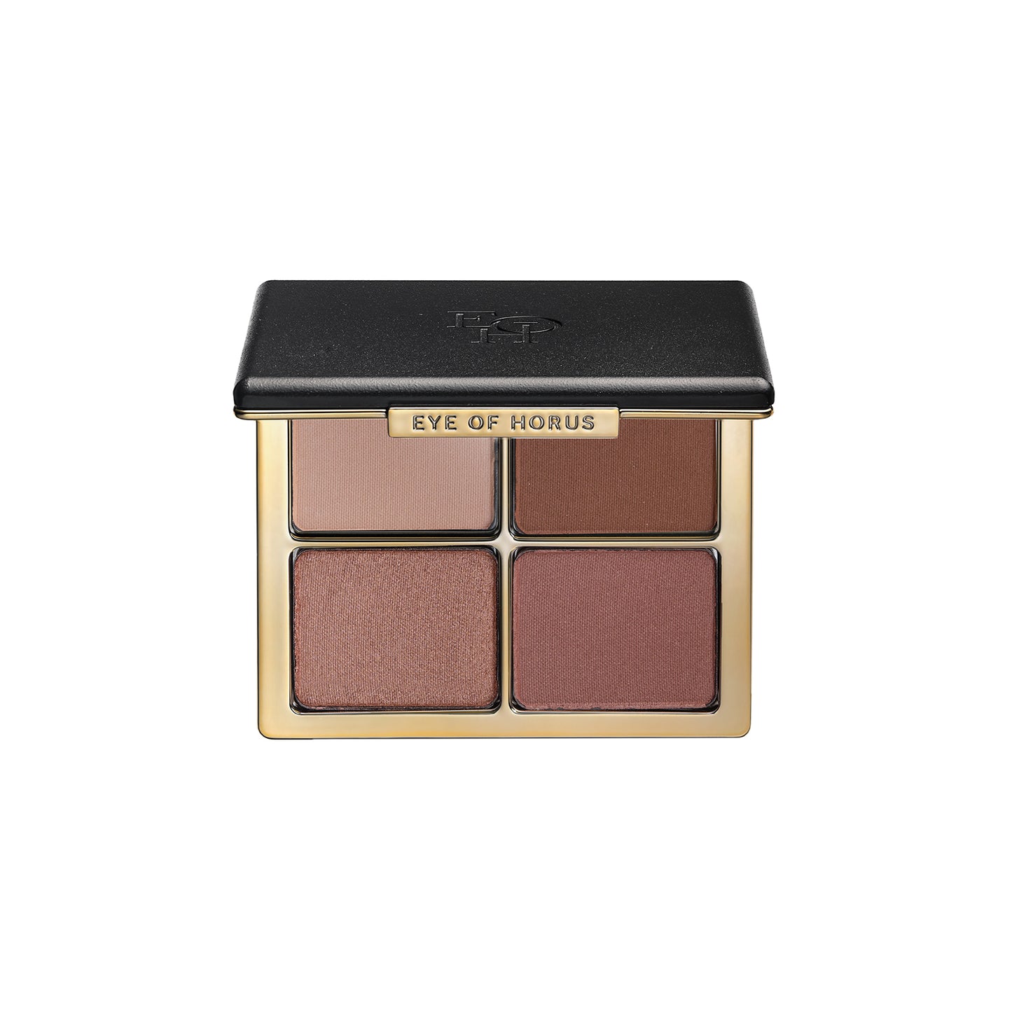 Eye of Horus Eyeshadow Compact Dusk with four neutral shades in pink and brown undertones, featuring matte, satin, and shimmer finishes in a refillable eco-friendly compact.