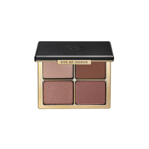 Eye of Horus Eyeshadow Compact Dusk with four neutral shades in pink and brown undertones, featuring matte, satin, and shimmer finishes in a refillable eco-friendly compact.