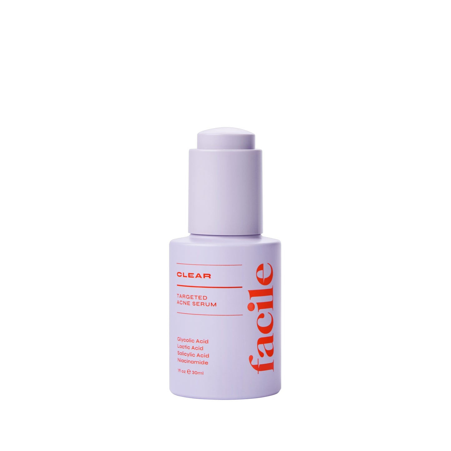 FACILE - Clear Targeted Acne Serum with Lactic, Glycolic, Salicylic Acids, and Niacinamide for exfoliation and clearer-looking skin.