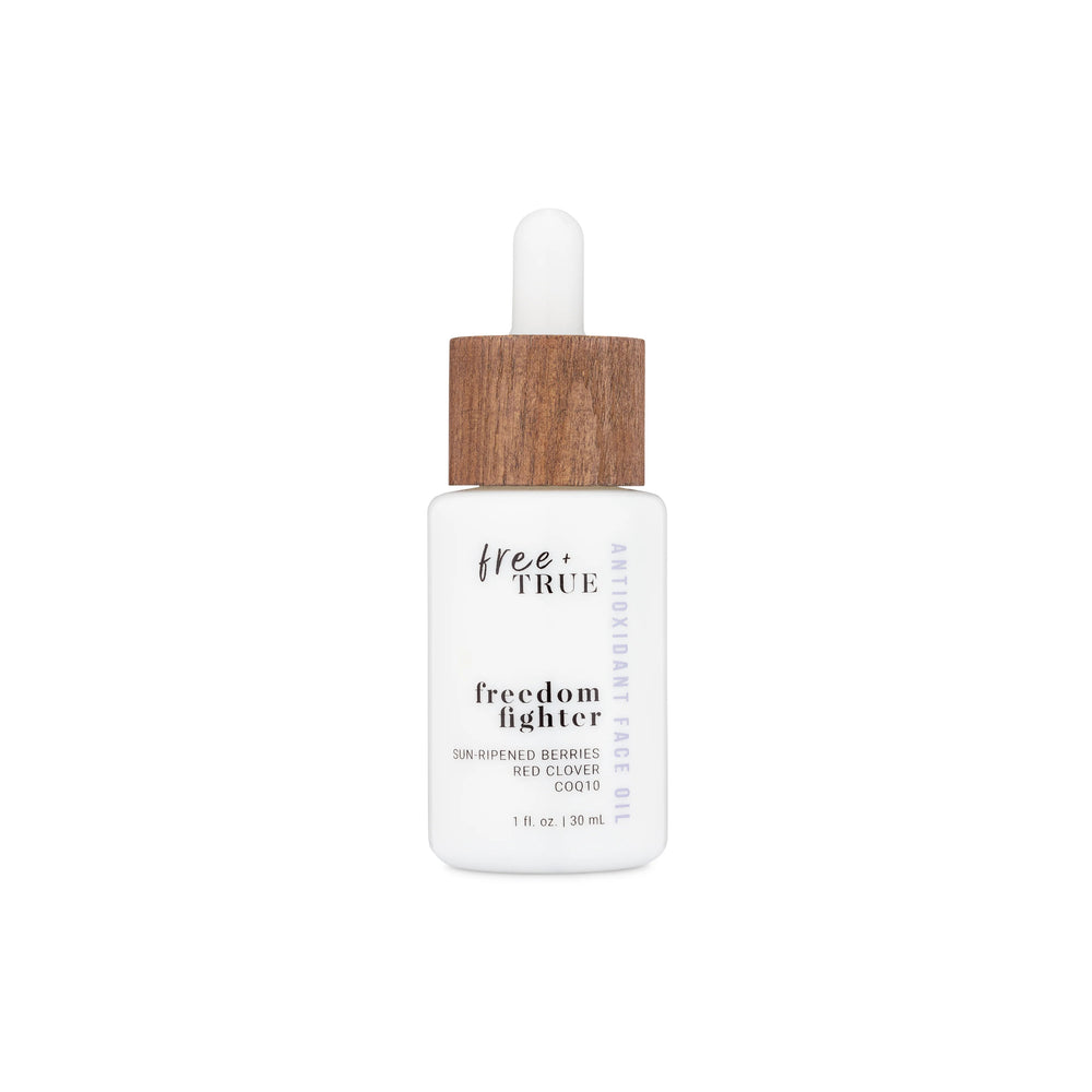 Bottle of FREE + TRUE Freedom Fighter Antioxidant Face Oil, featuring superfruit and botanical ingredients, fast-absorbing formula for radiant, nourished skin, 1 fl oz.