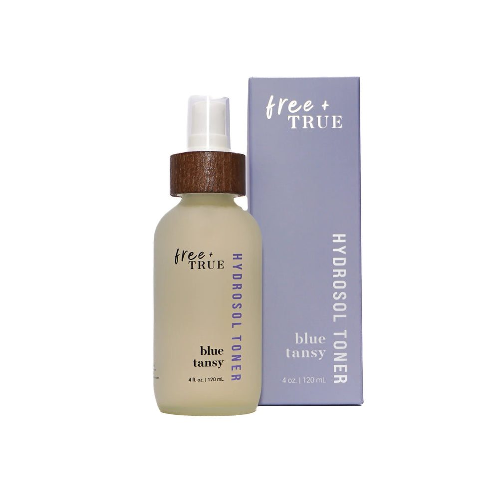 Free + True Blue Tansy Hydrosol Toner - 120ml bottle with soothing and balancing properties, perfect for sensitive and blemish-prone skin.
