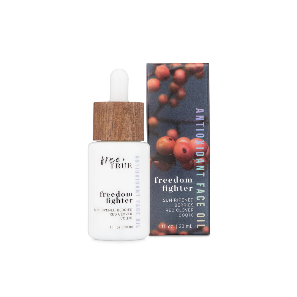 Bottle of FREE + TRUE Freedom Fighter Antioxidant Face Oil, featuring superfruit and botanical ingredients, fast-absorbing formula for radiant, nourished skin, 1 fl oz.