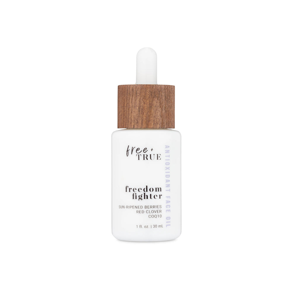 Bottle of FREE + TRUE Freedom Fighter Antioxidant Face Oil, featuring superfruit and botanical ingredients, fast-absorbing formula for radiant, nourished skin, 1 fl oz.