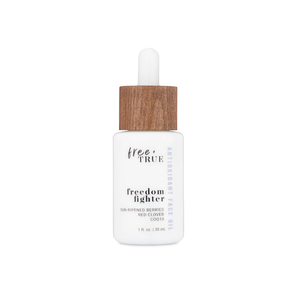 Bottle of FREE + TRUE Freedom Fighter Antioxidant Face Oil, featuring superfruit and botanical ingredients, fast-absorbing formula for radiant, nourished skin, 1 fl oz.