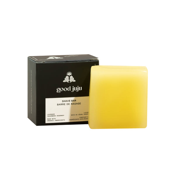 Good Juju Moisturizing Shave Bar shown in solid bar form with packaging, designed for a smooth and nourishing shaving experience.
