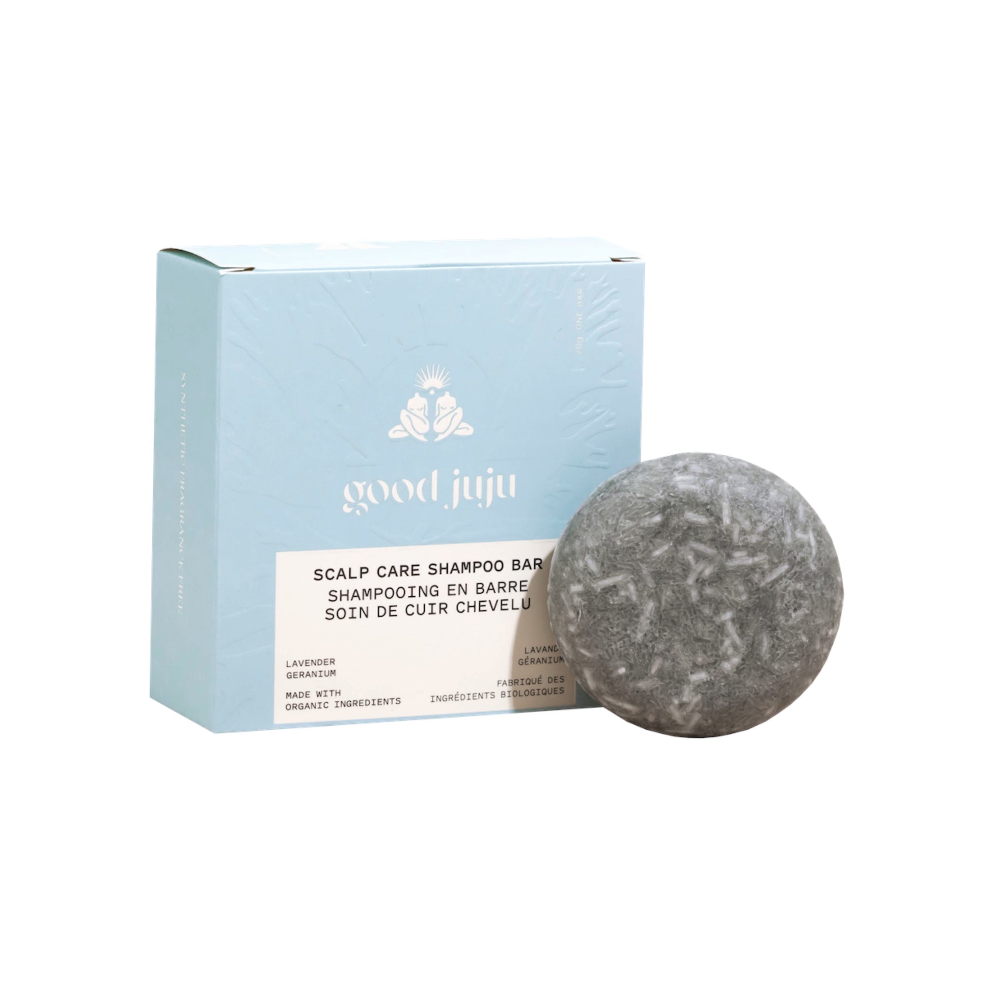 Good Juju Scalp Care Shampoo Bar in its packaging beside the solid bar, shown as a natural, eco friendly hair care product designed for gentle scalp cleansing.