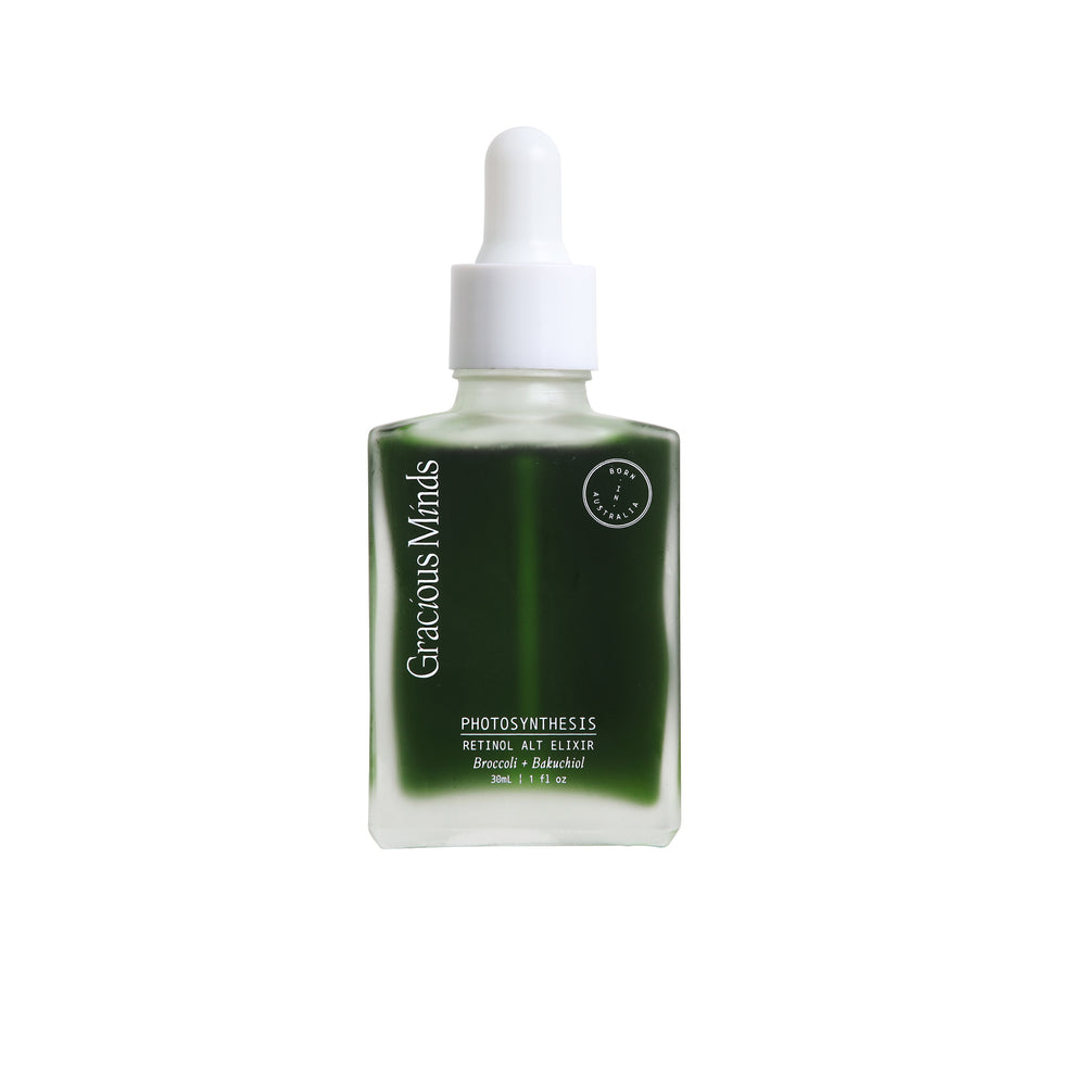 Gracious Minds Photosynthesis Retinol Alternative Elixir botanical face oil in clear glass bottle with white dropper on white background