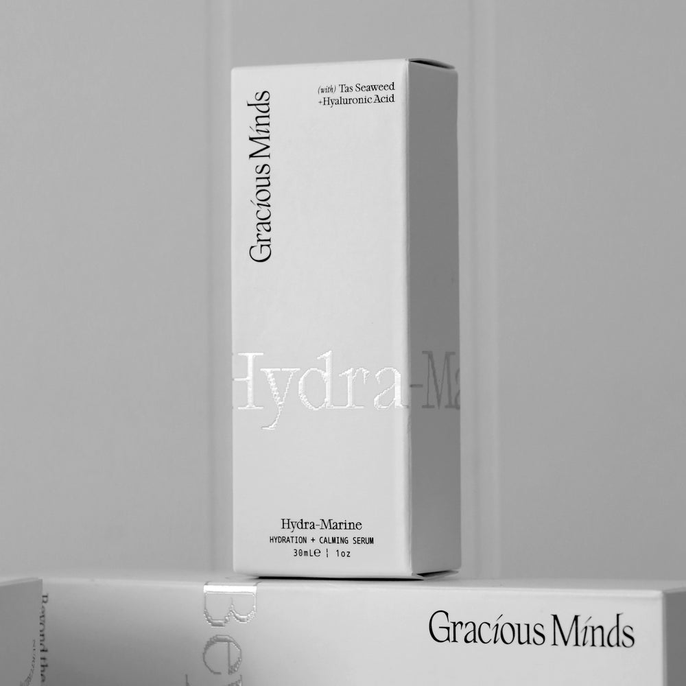 GRACIOUS MINDS Hydra-Marine Hydrating and Calming Serum with Australian Sea Parsley and Tasmanian Wakame Seaweed, promoting hydration for sensitive skin. 30 ml bottle.
